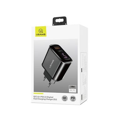 Зарядное устройство USAMS T23 QC3.0+PD3.0 18W Digital Display Fast Charger (EU) - Black (US-CC085), цена | Фото