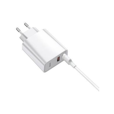 Зарядний пристрій Baseus Wall Charger USB-C and USB PPS Quick Charge 30W with USB-C Cable White (TZCAFS-A02), ціна | Фото