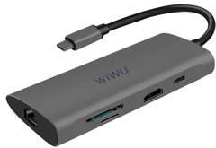 Хаб WIWU Alpha 8 in 1 (Type-C / HDMI / SD / Micro SD / 3xUSB 3.0 / Ethernet)- Gray, ціна | Фото