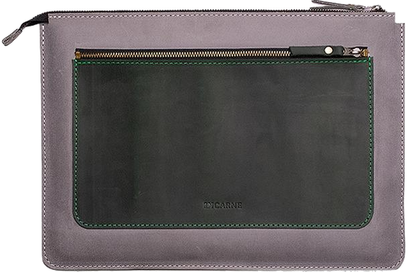 Шкіряний чохол ручної роботи INCARNE MOCCO для MacBook Pro 16 (2021 | 2023) M1 | M2 | M3 - Сірий (карман Зелений), ціна | Фото