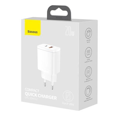 Зарядний пристрій Baseus Compact Quick Charger 20W PD+QC (Type-C + USB) - White (CCXJ-B02), ціна | Фото