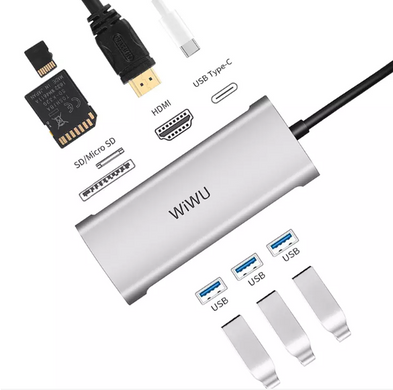 Хаб WIWU Alpha 7 in 1 Type-C / HDMI / SD / Micro SD / 3xUSB 3.0 - Gray, ціна | Фото