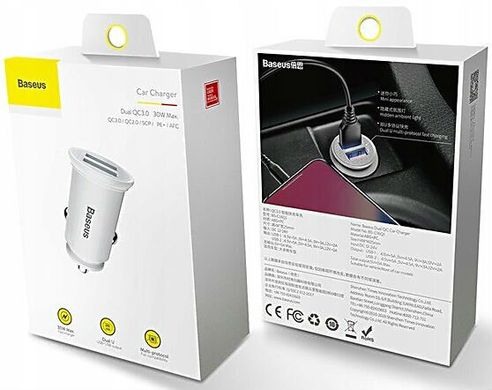 Автомобільний зарядний пристрій Baseus Circular Plastic A+A 30W Dual QC3.0 Quick Car Charger - White, ціна | Фото