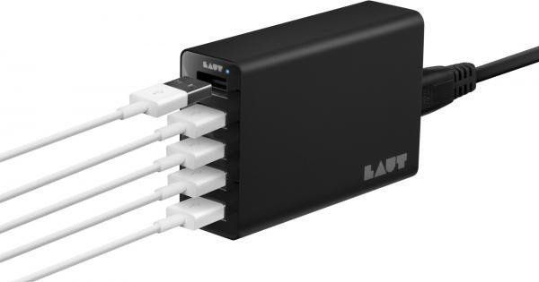 Cетевое LAUT пяти портовое зарядное устройство QuickCharge 3.0 USB-A/USB-C5V и три порта 2.4A (12W ) USB-A, черный (LAUT_QX_BK), цена | Фото