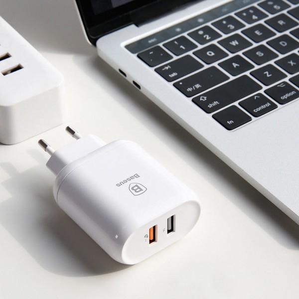 Зарядное устройство Baseus Bojure Series Dual-USB Quick Charge Charger for EU 18W - White (00-00021194)