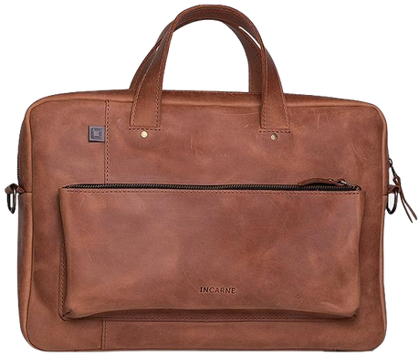 Кожаная сумка ручной работы с ремнем INCARNE BIZ для ноутбука 13-14 дюймов - Коньяк, цена | Фото