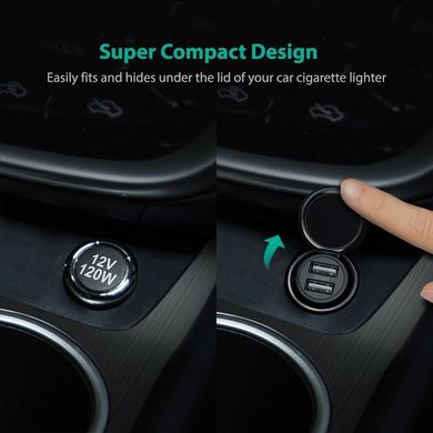 Автомобільний З/П RAVPower Mini Dual USB Car Charger 24W 4.8A with iSmart 2.0 Charging Tech, ціна | Фото