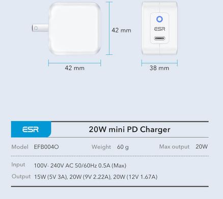 Зарядное устройство ESR USB-C mini PD Charger 20W (EU) - White, цена | Фото