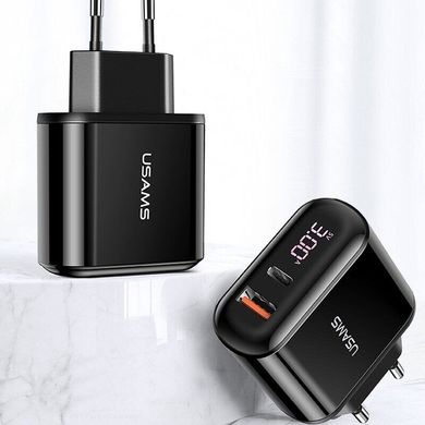Зарядний пристрій USAMS T23 QC3.0+PD3.0 18W Digital Display Fast Charger (EU) - Black (US-CC085), ціна | Фото