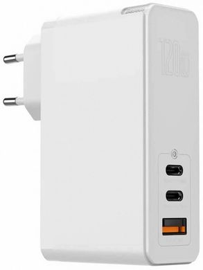 Зарядное устройство Baseus GaN Mini Quick Charger 120W (2 Type-C + USB) + Cable Type-C to Type-C 5A (1m) - White (CCGAN-J02), цена | Фото