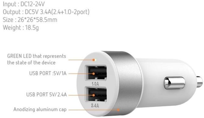 Автомобильное зарядное устройство Lab.C Dual USB Car Charger A.L Space Gray (3.4 A) (LABC-582-GR_N), цена | Фото