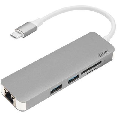 Адаптер WIWU Adapter T4 USB-C to RJ45+SD+2xUSB3.0 HUB - Gray (T4-GRAY), цена | Фото