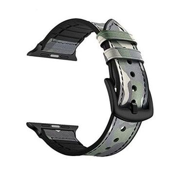 Ремешок STR Camouflage Pattern Genuine Leather Band for Apple Watch 42/44/45 mm (Series SE/7/6/5/4/3/2/1) - Green Camo, цена | Фото