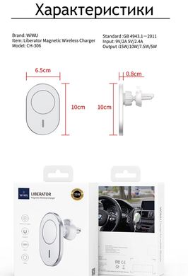 Автодержатель с беспроводной зарядкой MagSafe WIWU CH306 (только для iPhone 12 | 13 Series) - White, цена | Фото