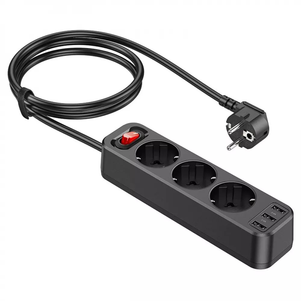 Сетевой фильтр HOCO NS2 (3 розетки + 3 USB) 1.8m - Black