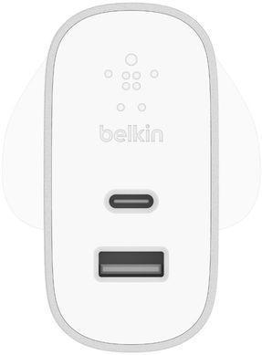 Мережевий зарядний пристрій Belkin Home Charger (27W) Power Delivery USB-C 3.0A, (12w) USB-A 2.4A, silver, ціна | Фото