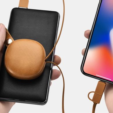 Кабель iCarer Real Leather Retractable 2 in 1 Charging Cable (Micro+Lighting) - Khaki, цена | Фото