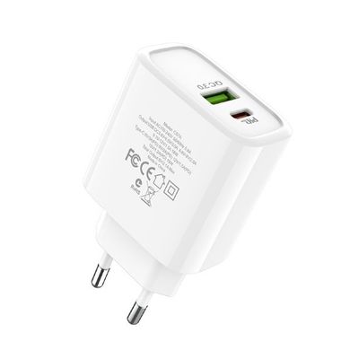 Сетевое зарядное устройство HOCO C57A + Cable (Type-C to Lightning) PD+QC3.0 USB + Type-C - White, цена | Фото