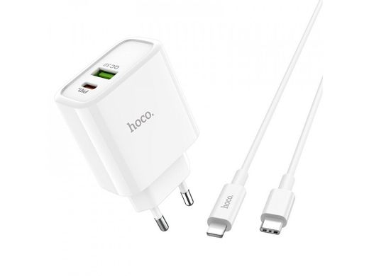 Мережевий зарядний пристрій HOCO C57A + Cable (Type-C to Lightning) PD+QC3.0 USB + Type-C - White, ціна | Фото