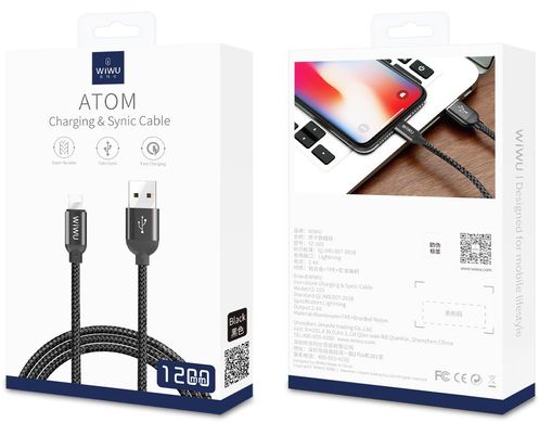 Кабель WIWU Atom Lightning Charging and Synic Cable (1.2m) - Black, цена | Фото