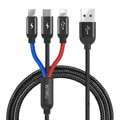 Кабель WIWU Atom 3 in 1 Lightning / Type-C / Micro USB Charging and Synic Cable (1.2m) - Black, цена | Фото