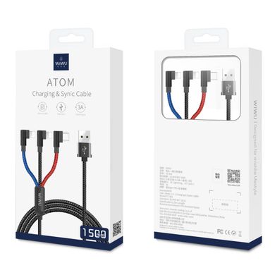 Кабель WIWU Atom 3 in 1 Lightning / Type-C / Micro USB Charging and Synic Cable (1.2m) - Black, цена | Фото