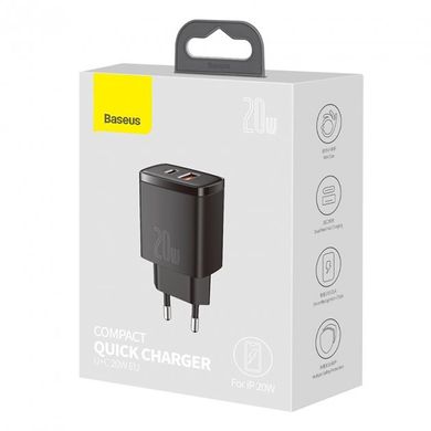 Зарядное устройство Baseus Compact Quick Charger 20W PD+QC (Type-C + USB) - White (CCXJ-B02), цена | Фото