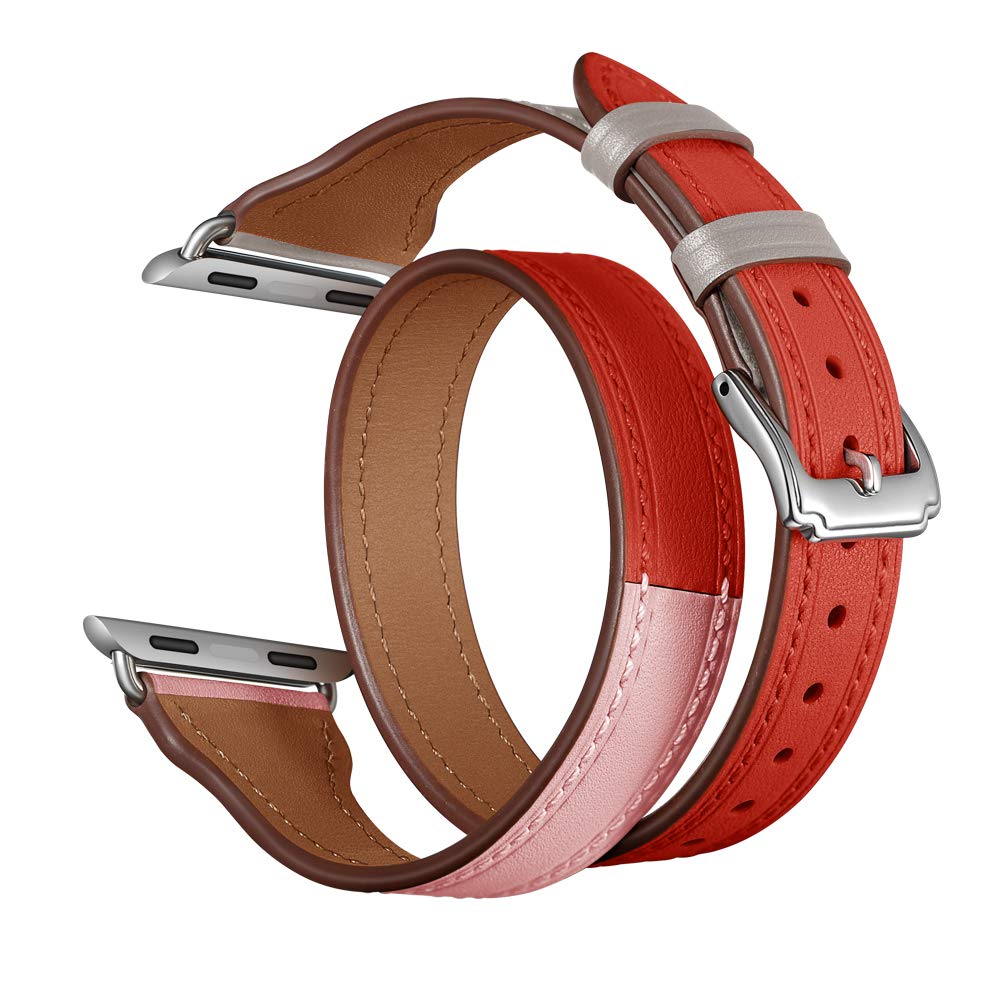 Ремешок STR Apple Watch Hermes - 42/44mm Pink/Red Leather Double Tour